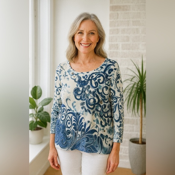 Chicos’s Beaded Embellished Paisley Top Blue Off White Pattern size 1 US8 / M - Picture 1 of 9